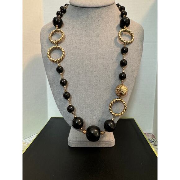 Stylish Necklace with Large Small Black Beads Large Goldtone Chain Links Balls - Picture 2 of 7